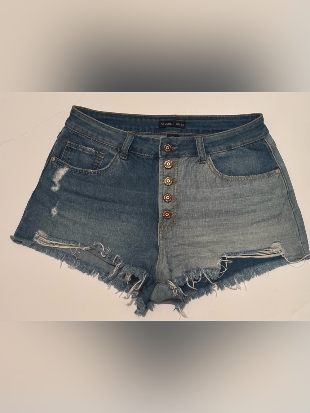 Sincerely Jules Women’s Split-Wash Denim Shorts High-Rise Raw Hem | 9/29